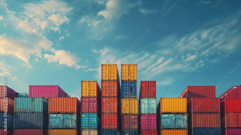Poster a group of shipping containers stacked high on a cargo ship illustrating the efficiency and costeffe