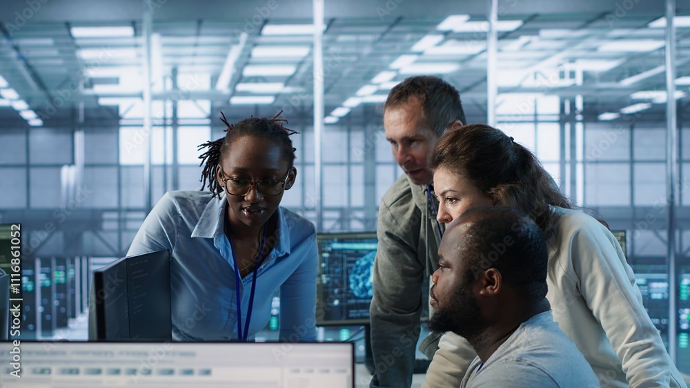 Poster multiethnic team of engineers working in server hub, using pcs to analyze data. multiracial group of
