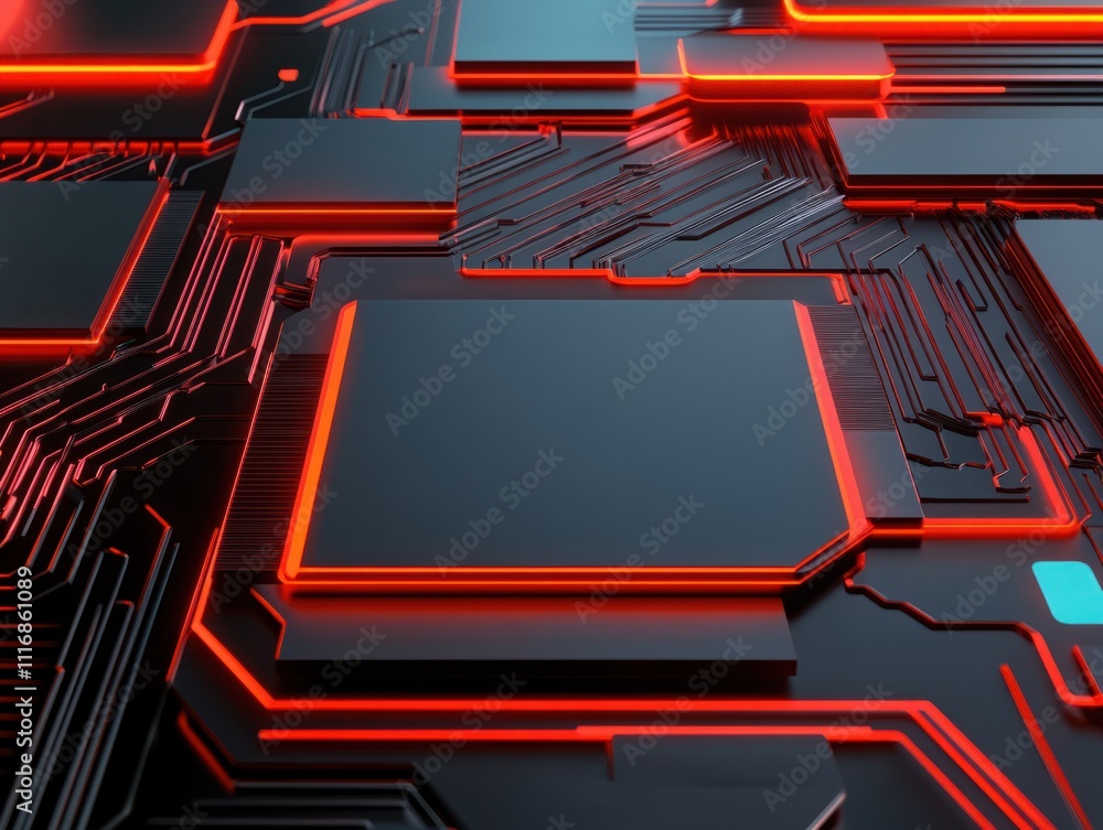 Poster abstract close-up of a futuristic circuit board with red illumination and black microchips, highligh
