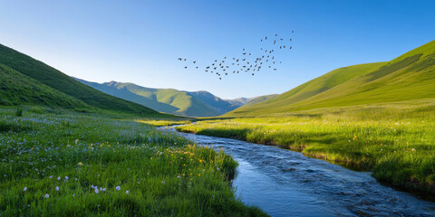 Fototapeta premium A quiet mountain valley with a crystal-clear stream flowing through it. The lush green hills are dotted with wildflowers, and a flock of birds flies across the clear blue sky.