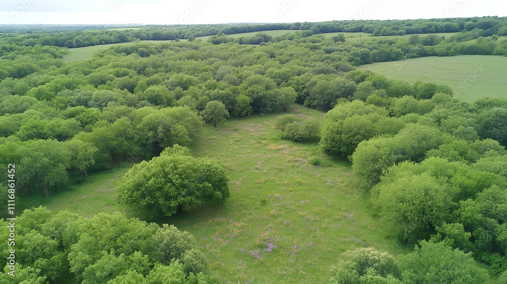 Poster aerial view of a lush green landscape with trees and open fields.
