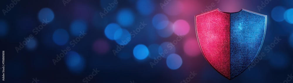 Poster vibrant shield with red and blue textures on a soft bokeh background, symbolizing protection and sec