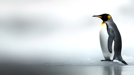 Obraz premium A king penguin stands on an iceberg, facing right, against a blurred white background.