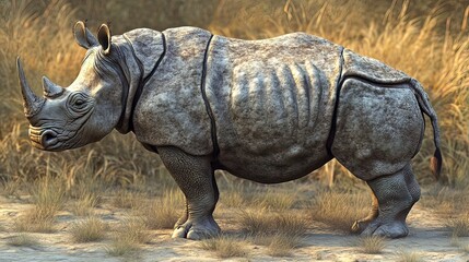 Obraz premium A large Indian rhinoceros stands in tall grass.