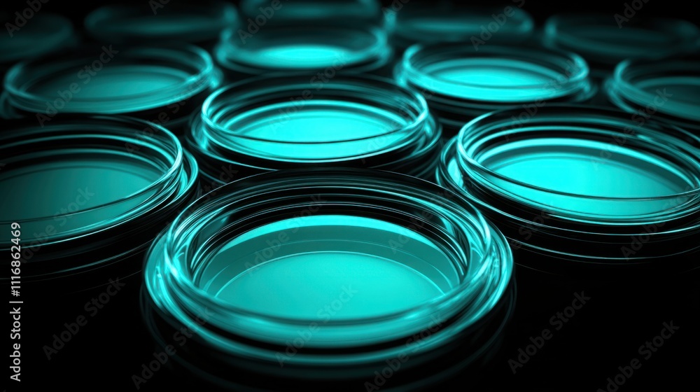Poster abstract close-up of illuminated glass jars arranged in a pattern on a dark background, showcasing v