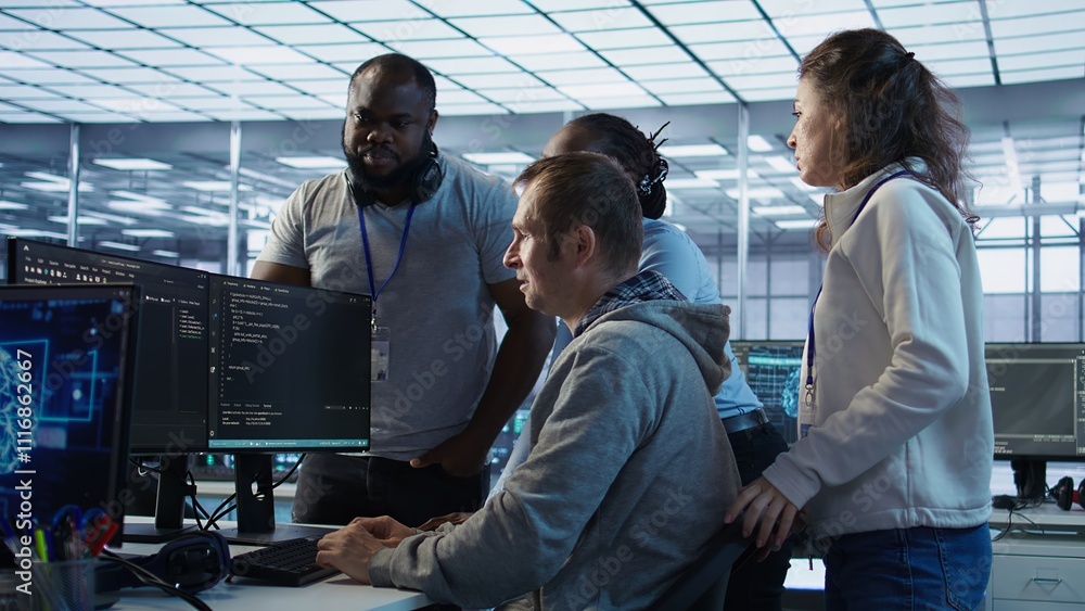 Poster technician doing brainstorming with colleagues to fix error in code affecting server room ai workloa