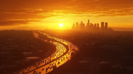A stunning sunset over a city skyline with a busy highway reflecting golden light.