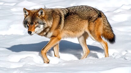 Fototapeta premium A lone wolf walks through a snowy landscape.