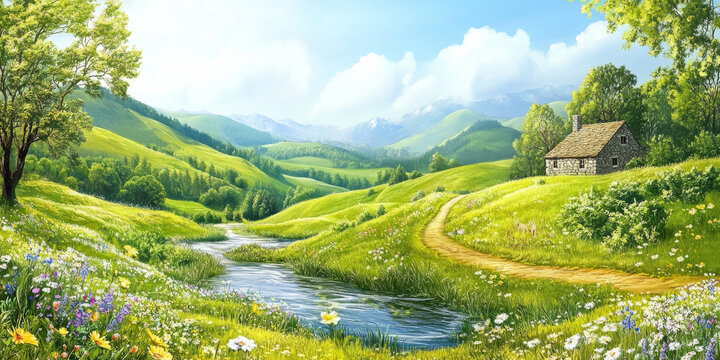A peaceful countryside scene with rolling hills, a meandering river, and a small stone cottage. The fields are filled with vibrant green grass and wildflowers, and the sky is clear with a few fluffy