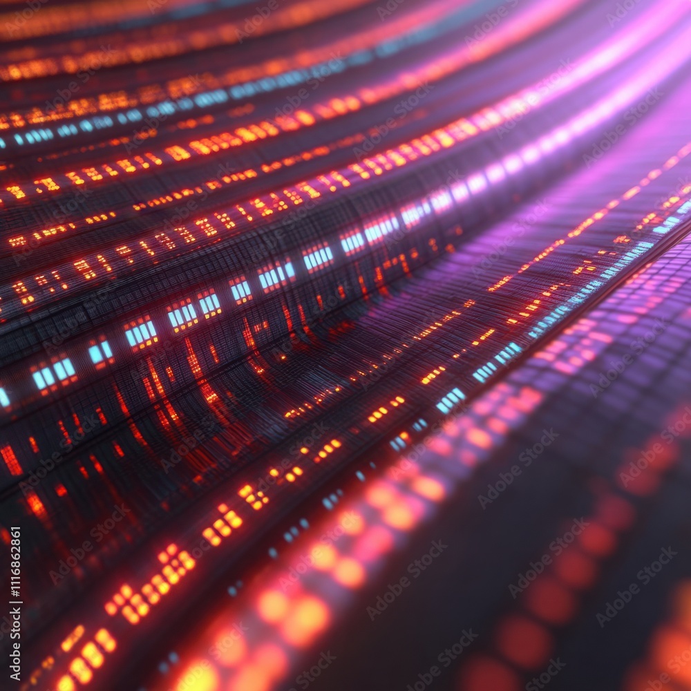 Poster vibrant abstract data streams flowing through digital landscape with bright neon colors, representin