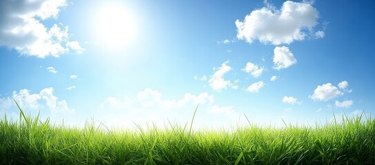 Obraz premium Sunny Day Bright Blue Sky Fluffy White Clouds Lush Green Grass Field Spring Summer Nature Landscape