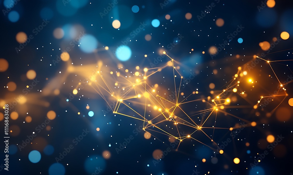 Poster abstract digital background with glowing dots and lines representing connections and data flow.
