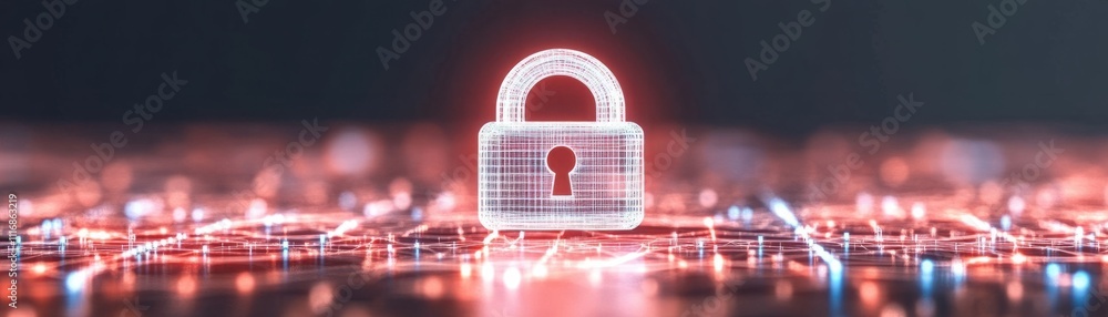 Poster digital padlock with network background representing cybersecurity, data protection, and privacy in 