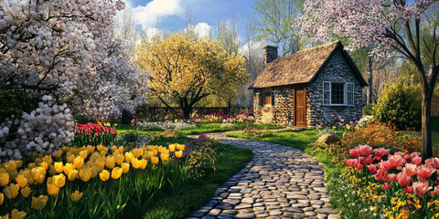 A quiet countryside in spring with blooming apple trees and a small stone cottage. The garden is full of colorful tulips and daffodils, and a cobblestone path leads to the cottage's door.