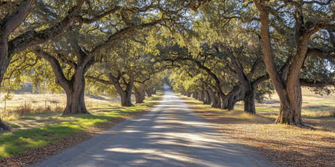 Obraz premium A peaceful countryside lane lined with tall, ancient oak trees. The road is covered in a soft layer of fallen leaves, and sunlight filters through the branches, casting dappled patterns on the ground.