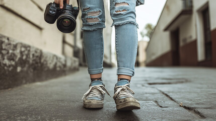 Photographer in ripped jeans holding camera on cobblestone street