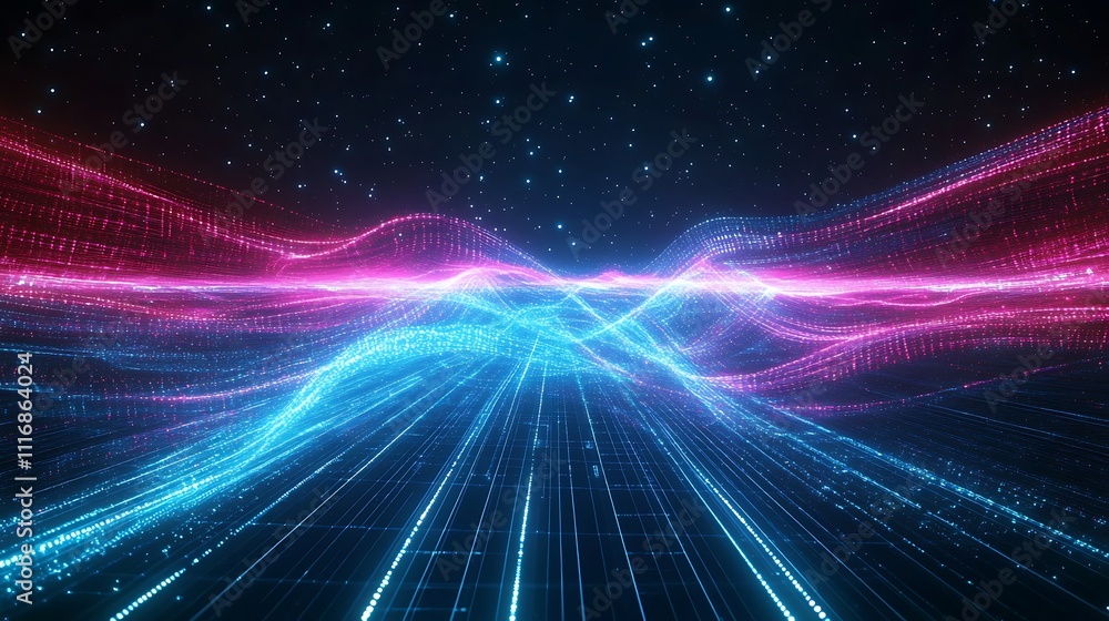 Poster abstract digital landscape with glowing lines and particles, suggesting motion and depth.