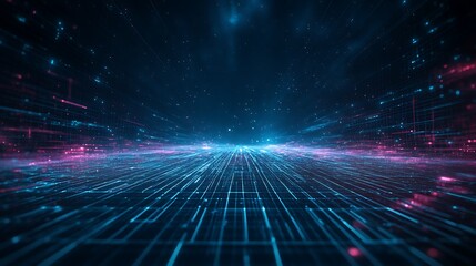 A futuristic digital landscape with vibrant blue and pink lines, suggesting depth and motion.