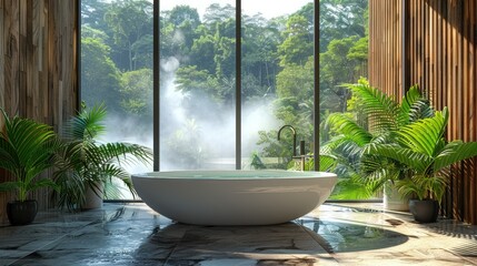 Luxurious modern bathroom with freestanding bathtub, large windows overlooking lush green jungle landscape.