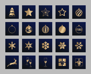 set of Christmas icons. a collection of minimalistic drawings on a New Year theme. lots of stars, Christmas balls, snowflakes, champagne and gift boxes with a gold foil texture. vector illustration