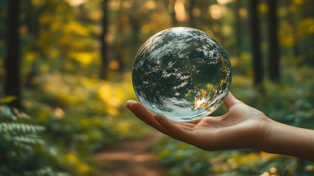 futuristic robot hand delicately holds a crystal glass globe representing Earth symbolizing the harmony of technology and nature global responsibility innovation and sustainable progress - Powered by Adobe