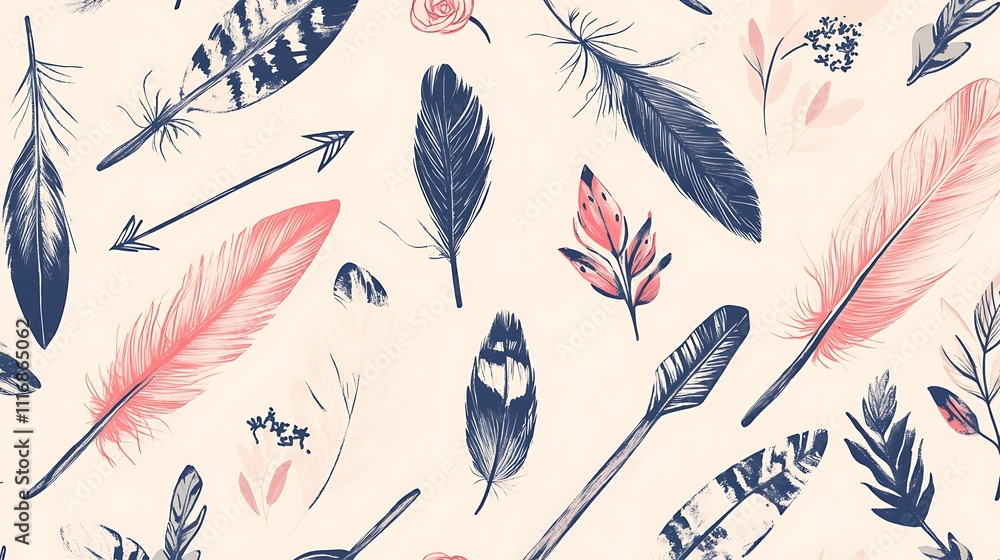 Poster a pattern featuring various feathers and floral elements in soft colors.