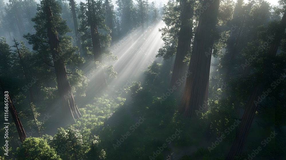 Poster a serene forest scene with sunlight filtering through tall trees and mist.