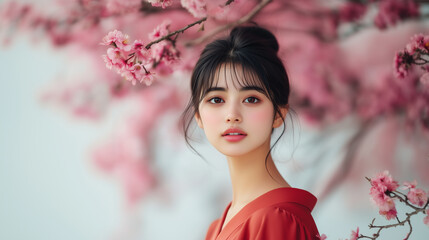 Fototapeta premium young woman with dark hair poses gracefully in front of blooming cherry blossoms, wearing red outfit. scene evokes sense of tranquility and beauty.