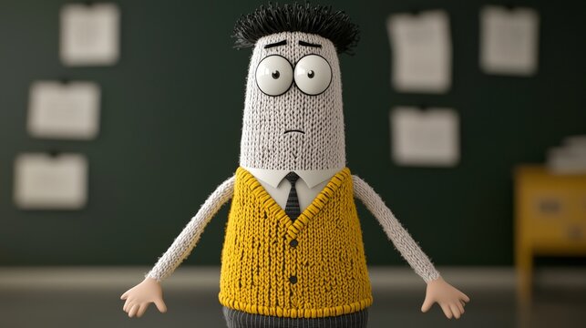 Worried knitted character teacher in classroom.