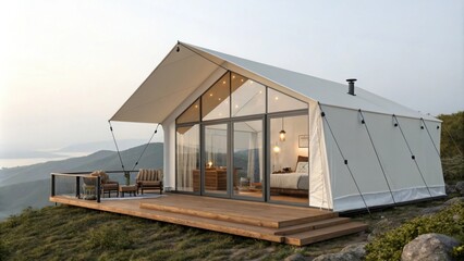 Fototapeta premium Modern glamping tent nestled in the mountains provides luxurious accommodation with stunning views of the surrounding landscape at sunrise