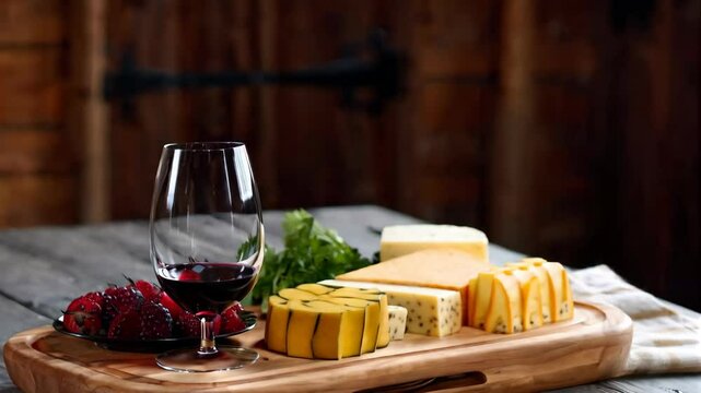 Elegant wine and cheese pairing at rustic table with grapes and fresh greens