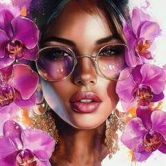 Vibrant Watercolor Portrait of Woman with Afro Hair and Jewelry Surrounded by Orchids