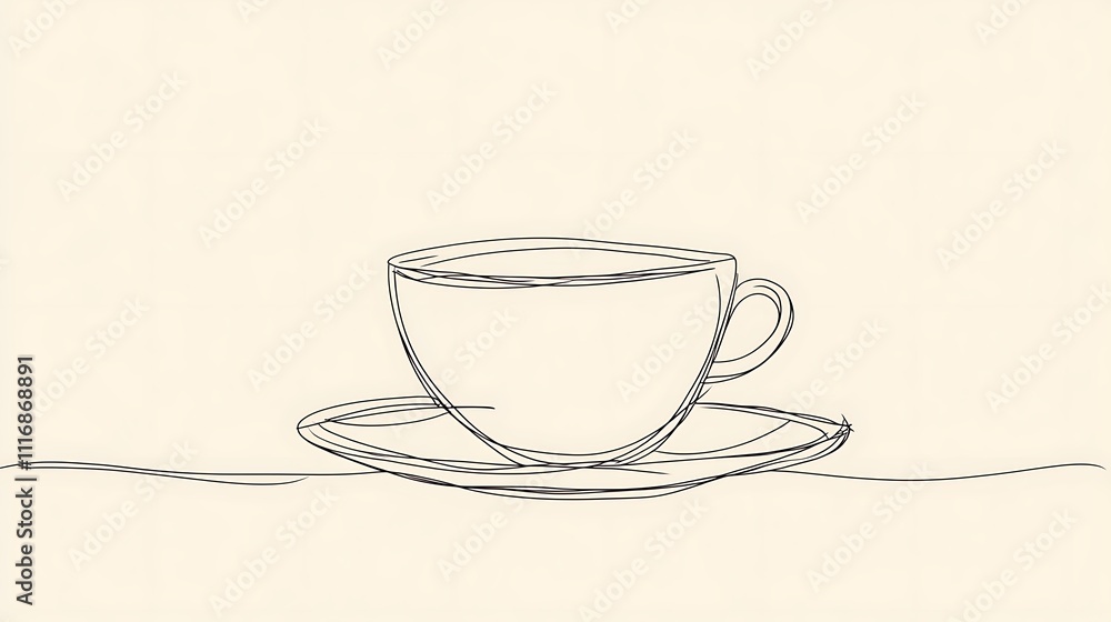 Poster a minimalistic line drawing of a cup on a saucer, emphasizing simplicity and elegance.
