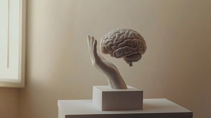 Greco-Roman Statue of a hand holding a brain symbolizing higher thought, learning and intelligence and accessibility to knowledge