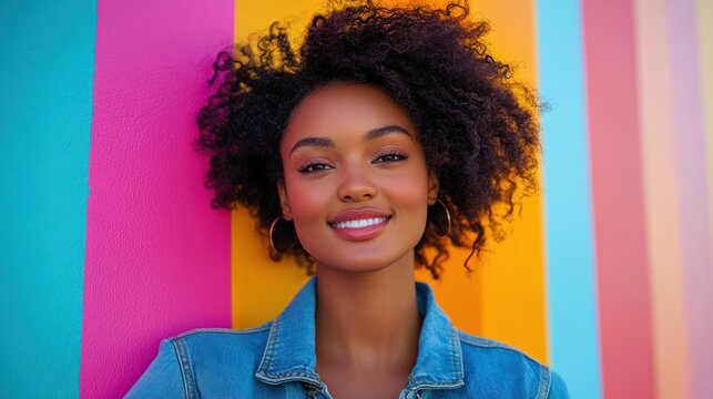 Happy young black woman taking selfie in denim jacket against colorful striped wall - Powered by Adobe