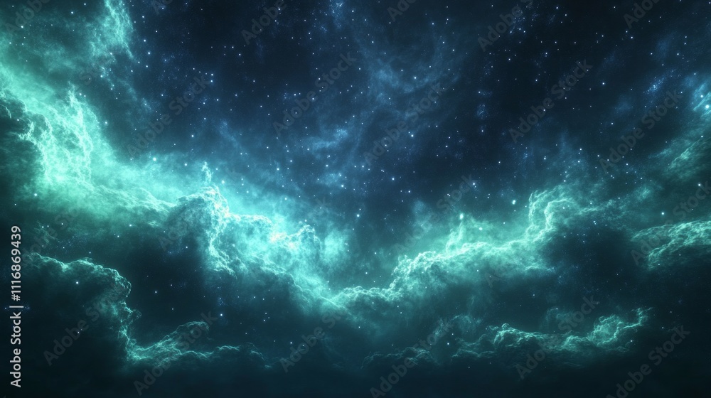 Poster under a mesmerizing canopy of swirling clouds and sparkling stars, the universe showcases its ethere