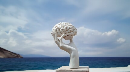 Greco-Roman Statue of a hand holding a brain symbolizing higher thought, learning and intelligence and accessibility to knowledge