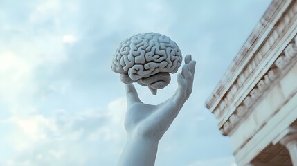 Greco-Roman Statue of a hand holding a brain symbolizing higher thought, learning and intelligence and accessibility to knowledge