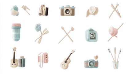 A collection of pastel-colored leisure items, including cameras, guitars, and cotton candy.