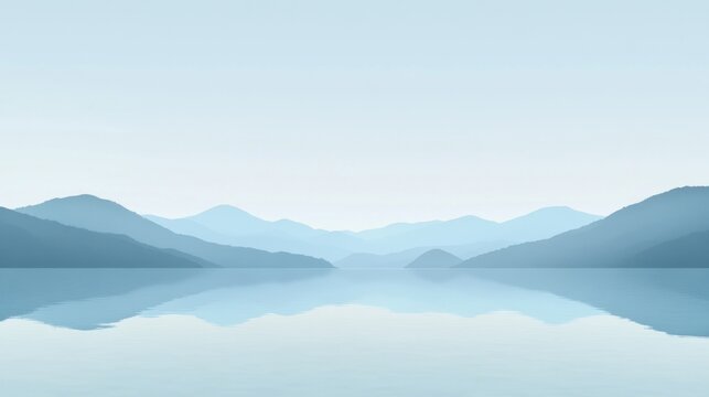 Serene landscape with mountains reflected in calm water under a pale sky.