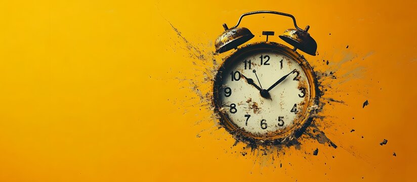 Exploding vintage alarm clock on yellow background.