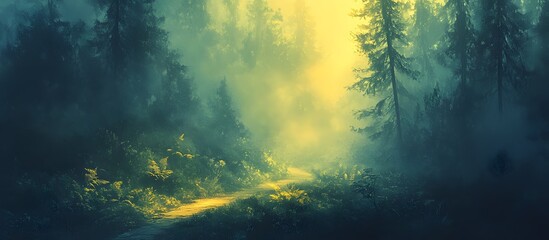 Fototapeta premium Misty forest path at sunrise, sunlight filtering through trees.