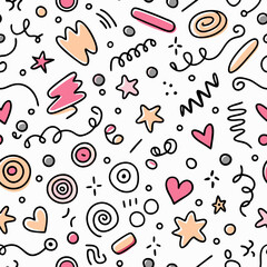 Seamless pattern with hand-drawn hearts, stars, swirls, and geometric shapes in pink, orange, and grey on white background.