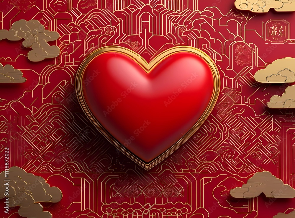 Aufkleber 3d heart shape in the middle of a chinese pattern background, with a red and gold color theme. vecto