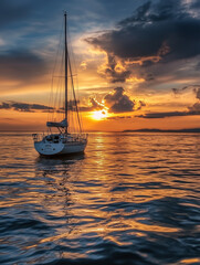 Sailboat on calm water at sunset with vibrant sky
