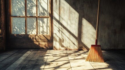 A broom leans against a wall in a rustic room bathed in sunlight.