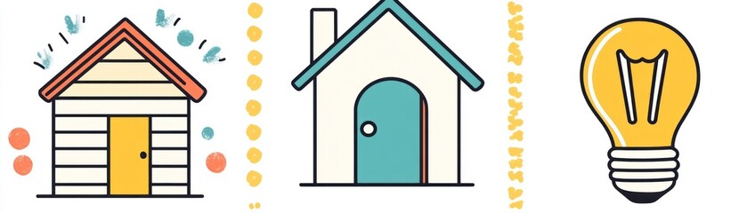 A graphic illustration featuring two houses and a light bulb, symbolizing home and ideas.