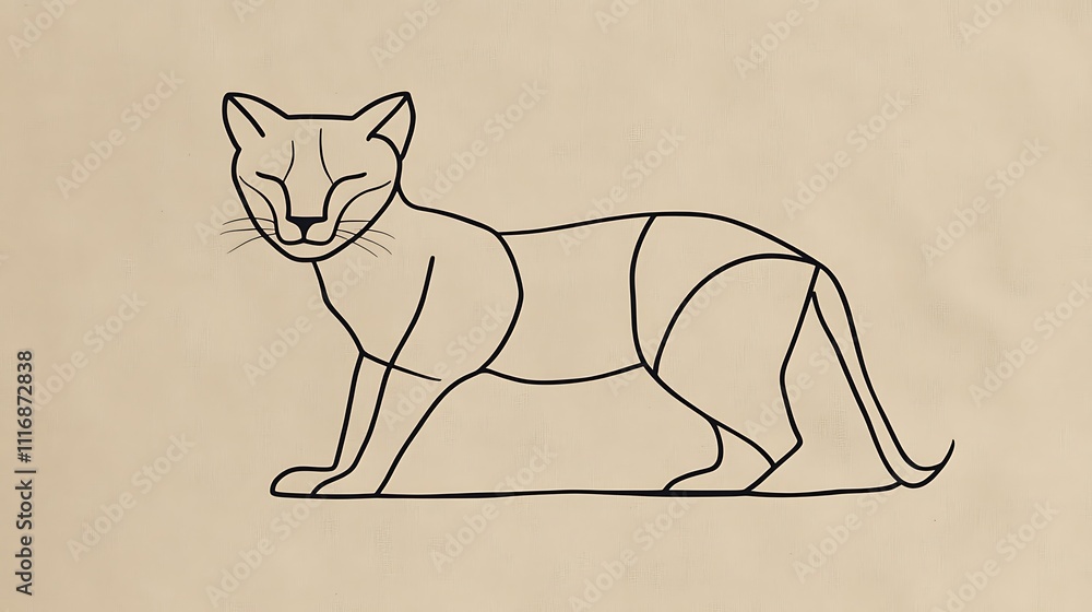 Poster a minimalistic line drawing of a cat in a relaxed pose.