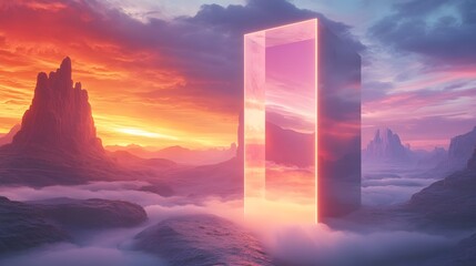 Glowing portal in a surreal landscape at sunset.