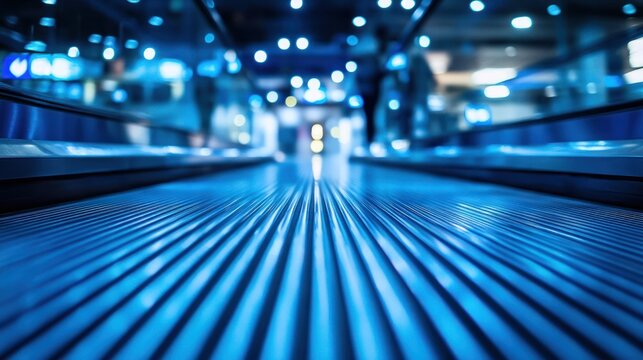 Blue, blurred background of the airport floor with an escalator in focus.